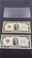 Lot of 2 1928 "red seal" $2 bills in their holder