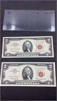 Pair of 1963 red seal $2 bills in holder