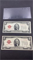 Lot of 2 1928 Red Seal $2 bills in holder