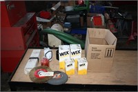 Box lot of filters and wire wheel, gind wheel