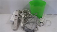 Power Strip Lot & Plastic Waste Can