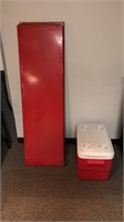 Coleman cooler and red swinging doors