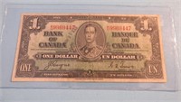 1937 Canada One Dollar Bill $1 Bank Note OLD