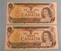 1973 Canada Sequential Dollar Bills Uncirculated