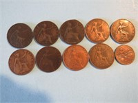 Early 1900s British Large Pennies Lot 10 Coins