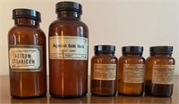 5 Vintage Apothecary Pharmacy Amber Medicine Jars