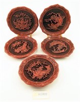 Lot #600 - Set of (5) Chinese cinnabar and brass