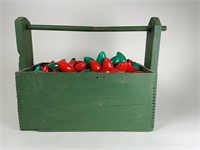 Green Wooden Carrier filled w/ Xmas lights