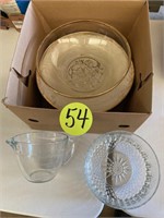Glass Measuring Cup and Box of Dishes