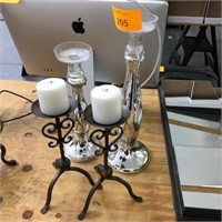 (2) GLASS CANDLE HOLDERS - 20" TALL, 16" TALL; PAI