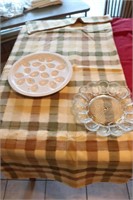 CHECKERED TABLECLOTH, 2 EGG PLATES AND ONE GLASS