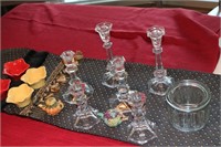 6 GLASS CANDLESTICKS, 2 SMALL TEAPOTS, MORE