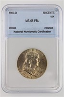 1950-D Franklin Half NNC MS65 FBL Price Guide $250