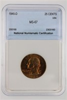 1945-D Wash. 25c NNC MS67 NICE COLOR! Guide $600