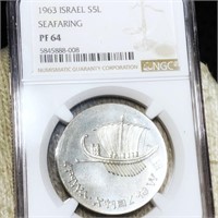 1963 Israel Seafaring Silver 5 Lirot NGC - PF64