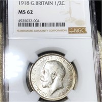 1918 Great Britain Silver Half Crown NGC - MS62