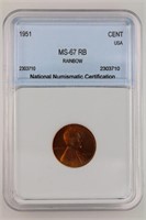 1951 Lincoln Cent NNC MS-67 RB Rainbow