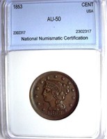 1853 Coronet Head Cent NNC AU-50 Guide $140