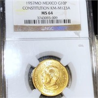1957 Mexican Gold 10 Pesos NGC - MS64