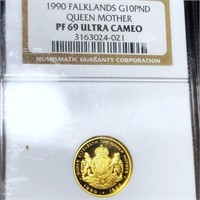 1990 Falklands Gold 10 Pounds NGC - PF69ULTCAMEO