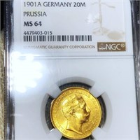 1901-A Germany Gold 20 Mark NGC - MS64