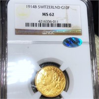 1914-B Switzerland Gold 10 Francs NGC - MS62 WINGS