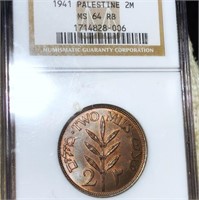 1941 Palestine Copper 2 Mils NGC - MS 64 RB
