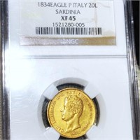1834 Eagle Italian Gold 20 Lire NGC -XF45 SARDINIA