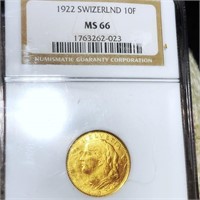 1922 Switzerland Gold 10 Francs NGC - MS66