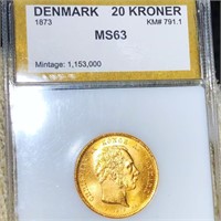 1873 Denmark Gold 20 Kroner PCI - MS63