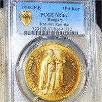 1908-KB Hungary Gold 100 Kroner PCGS - MS67
