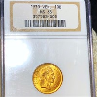 1930 Venezuela Gold 10 Bolivares NGC - MS65
