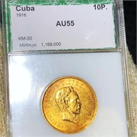 1916 Cuban Gold 10 Pesos PCI - AU55