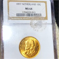 1897 Netherland Gold 10 Gulden NGC - MS64