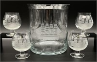 Vintage Ship Etched 5pc Glassware Set