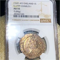 1641-43 England Silver Shilling NGC - AU55