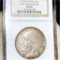 1928-R Italian Silver 20 Lire NGC - AU55