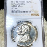1969 Iran Silver Royal Wedding Medal NGC - MS63