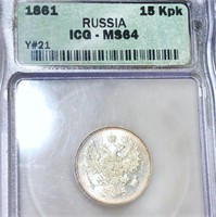 1861 Russian Silver 15 Kopek ICG - MS64