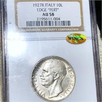 1927 Italian Silver 10 Lira NGC-AU58 "FERT" WINGS
