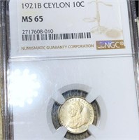 1921B Ceylon Silver 10 Cents NGC - MS65