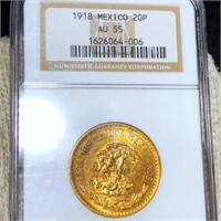 1918 Mexican Gold 20 Pesos NGC - AU55