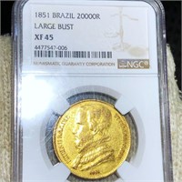 1851 Brazil Gold 20000 Reis NGC - XF45 LRG BUST