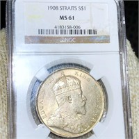 1908 Straits Settlement Silver Dollar NGC - MS61