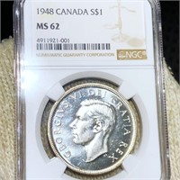 1948 Canadian Silver Dollar NGC - MS62