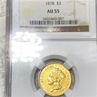 1878 $3 Gold Piece NGC - AU55