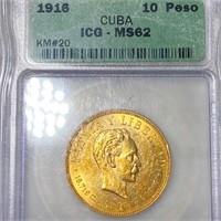 1916 Cuban Gold 10 Peso ICG - MS62