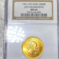 1961 Iceland Gold 500 Kroner NGC - MS64