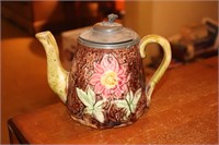 Majolica Floral Decorated Tea Pot (Age Cracks in