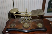 Antique Wood and Brass Postal Scale with Weights